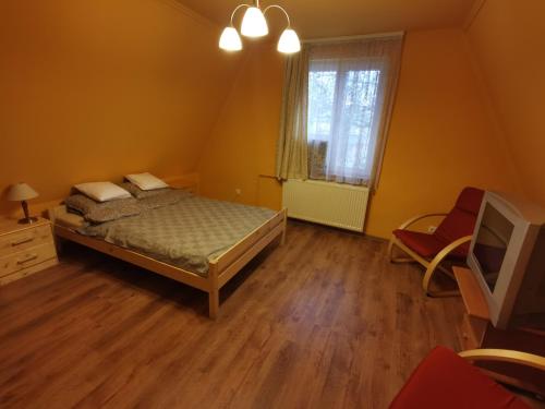 Een bed of bedden in een kamer bij Elbújtat-Lak Vendégház Gyopárosfürdő