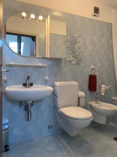 un bagno con un water, un lavandino e uno specchio di Ascona, Casa Collegio - im Zentrum, am See Lago Maggiore ad Ascona