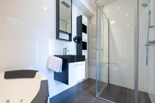 La salle de bains est pourvue d'une douche en verre et d'un lavabo. dans l'établissement Hotel Millingen, à Millingen-sur-Rhin