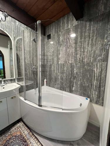 a bathroom with a tub and a sink and a shower at Tiltų 5 Apartment in Klaipėda