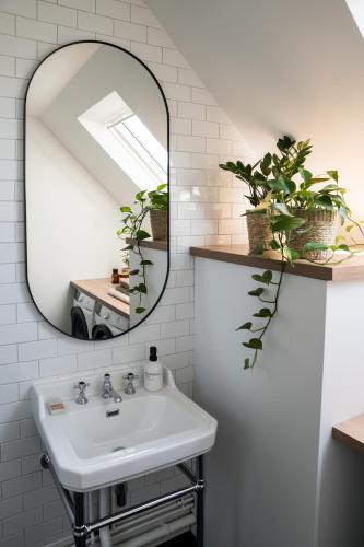 une salle de bain avec un lavabo et un miroir dans l'établissement Superbe Loft Rumilly, 2 à 6 pers, 100 m2, proche ANNECY et AIX LES BAINS, à Rumilly