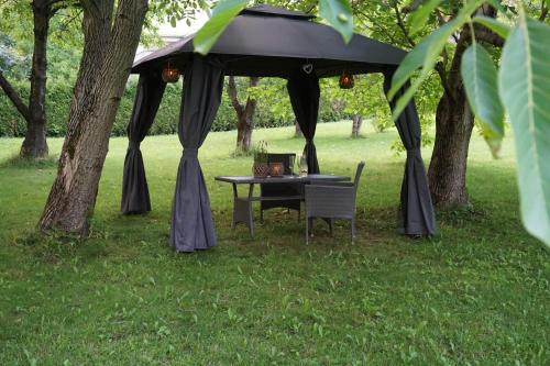 a black tent with a table and chairs under a tree at Apartamenty Kotarz Sauna&Relaks in Brenna