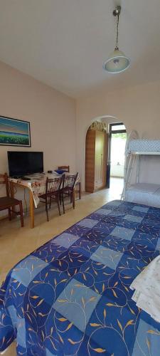 ein Schlafzimmer mit einem Bett mit einer blaugemusterten Decke in der Unterkunft Villa Juvenilja in Durrës