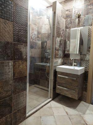 a bathroom with a shower and a sink at Dr Becsey Luxury Apartman in Békéscsaba