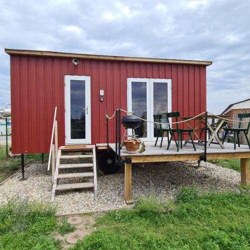 a red shed with a table and chairs on a dock at Tiny House in Neusiedl an der Zaya