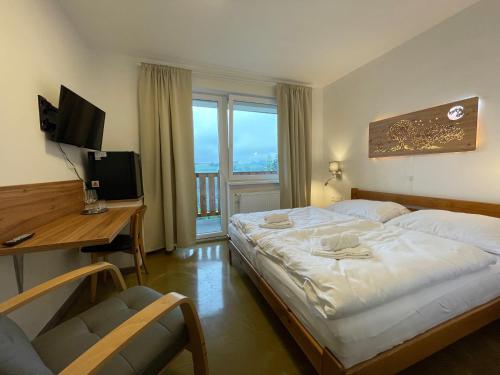 1 dormitorio con 2 camas, escritorio y TV en Hotel Pastviny en Pastviny