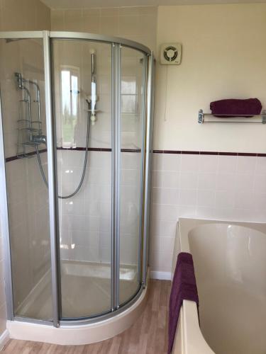 a bathroom with a shower and a tub and a sink at Acreland Green in Pleshey