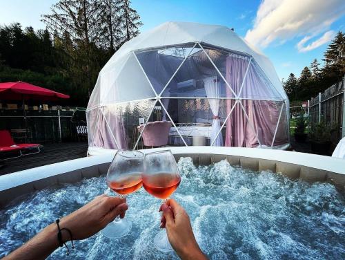 a person holding two glasses of wine in a hot tub at Wegloo in Azuga