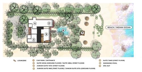 un plan conceptuel de site pour une villa dans l'établissement Uzuri Boutique Hotel, à Jambiani