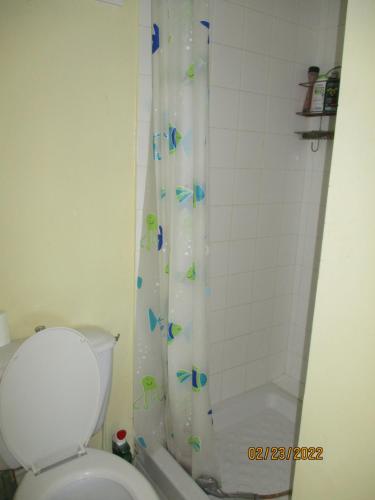 uma casa de banho com uma cortina de chuveiro com borboletas em Mazet pleine nature em Mouriès