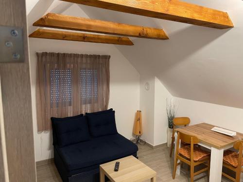 een woonkamer met een blauwe bank en een tafel bij Banja Vrujci in Mionica