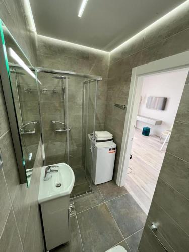 a bathroom with a shower and a sink and a toilet at Apartments GC 1 in Bečići