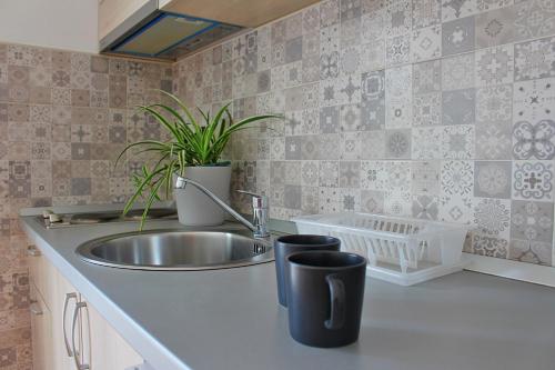 uma cozinha com um lavatório e plantas num balcão em Adriatic Blue View em Drvenik