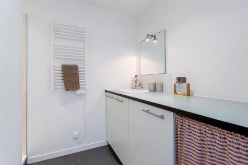 a white bathroom with a sink and a mirror at Studio du Maréchal in Sainte-Foy-lès-Lyon