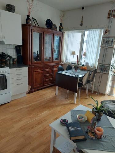 uma cozinha com uma mesa e uma sala de jantar em Shared apartment, Down Town Oslo, Osterhaus'gate 10 em Oslo