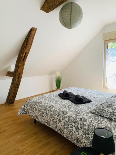 um quarto com uma cama e uma janela em Centre ville (2): superbe appartement climatisé em La Flèche