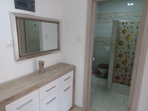 a bathroom with a sink and a shower with a mirror at Villa Elina Ulcinj Montenegro in Donji Štoj