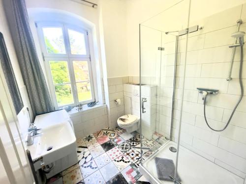 a bathroom with a toilet and a sink and a shower at Gästehaus Sternschanze - App 3 Bootsmann in Stralsund
