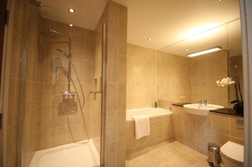 ein Bad mit einer Dusche, einem WC und einem Waschbecken in der Unterkunft Apple Tree Lodges in Colchester