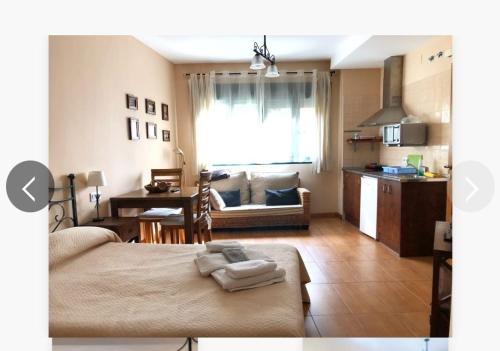 a room with a bed and a kitchen with a couch at Estudio con cocina y baño privado in Jarandilla de la Vera