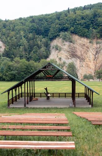 a picnic shelter with a bird sitting on it at Ośrodek Wczasów Zdrowotnych Rudawka Rymanowska in Rudawka Rymanowska