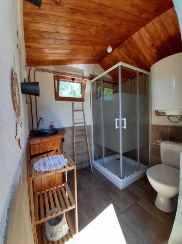 a small bathroom with a shower and a toilet at Le Ranch du Madres in Roquefort-de-Sault