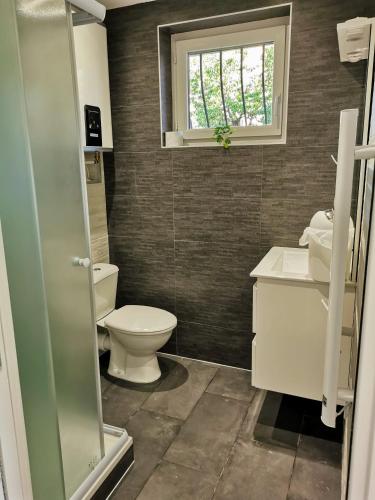 une salle de bain avec toilettes, lavabo et fenêtre dans l'établissement Appartement climatisé Golfe-Juan plage, à Vallauris