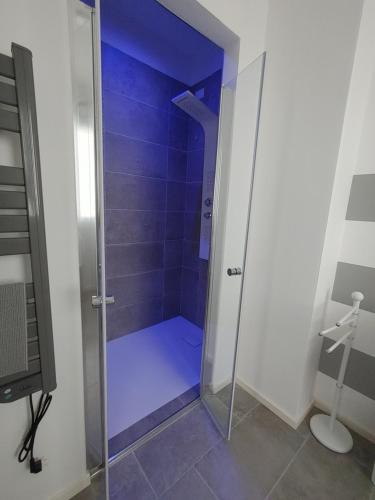 y baño con ducha y puerta de cristal. en B&B Al Vecio Morer, en San Donà di Piave