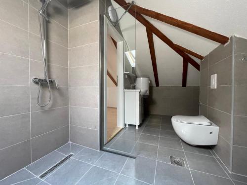 ein Bad mit einer Dusche und einem WC. in der Unterkunft Casa Norvegia Ohrid in Ohrid