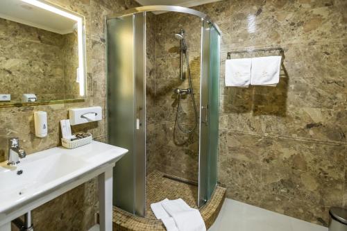 a bathroom with a shower and a sink at Hotel France in Vinnytsya