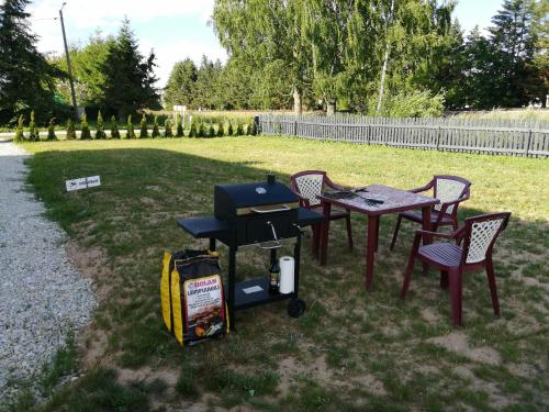 een grill en twee stoelen en een tafel in een tuin bij Luxury Apartment Private House and Parking Netflix in Tartu