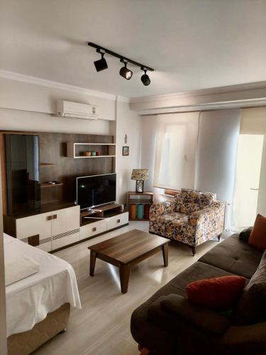 a living room with a couch and a tv at CLASS SUİT RESİDENCE in Canakkale