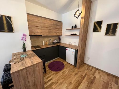 eine Küche mit einer Holztheke und einem Kühlschrank in der Unterkunft Apartment OLE in Struga