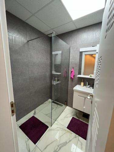 ein Bad mit einer Dusche und einem Waschbecken in der Unterkunft Apartment OLE in Struga