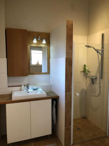 a bathroom with a sink and a shower at Ferienwohnung Mester in Osterrönfeld