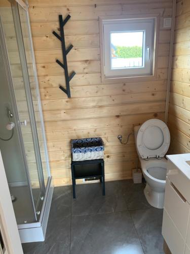 a bathroom with a toilet and a glass shower at Kamyczek in Stare Juchy