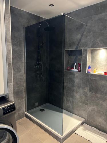 une douche avec une porte vitrée dans une salle de bain dans l'établissement Nice Californie Promenade des Anglais, à Nice