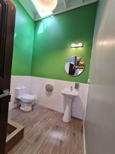 Un baño verde con inodoro y lavabo. en Flying Dog Lima B&B, en Lima
