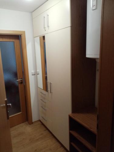 a room with a closet with white cabinets and a mirror at Apartmán v Lipně nad Vltavou 25 in Lipno nad Vltavou