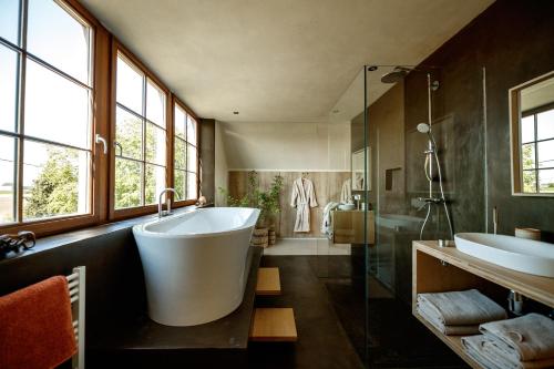 La salle de bains est pourvue d'une baignoire, d'une douche et d'un lavabo. dans l'établissement Vakantiewoning Leie Lodge, à Zulte