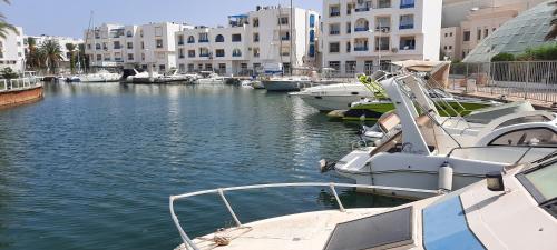 a group of boats docked in a harbor with buildings at Le Bleu Céleste in Hammamet