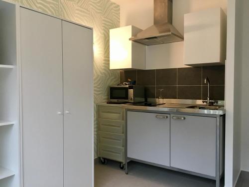 a kitchen with white cabinets and a microwave at Joli petit studio au bord du lac in Le Bourget-du-Lac