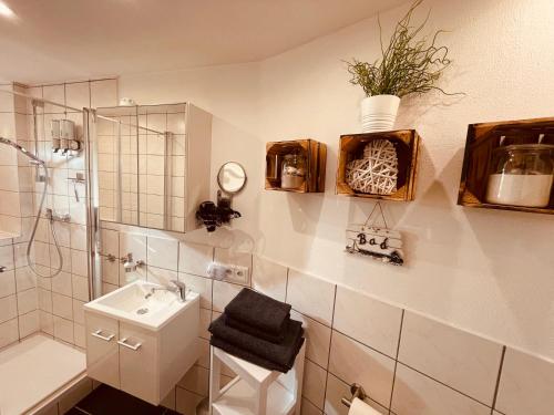 ロルヒ・アム・ラインにあるGästehaus Klostergasseのバスルーム(シャワー、トイレ、シンク付)