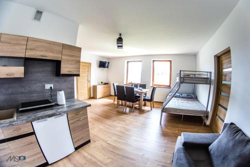a kitchen and living room with a bunk bed at Apartamenty Tilia Laskowa - Zator in Laskowa