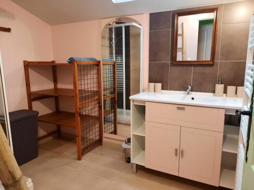 ein Badezimmer mit Waschbecken und Spiegel in der Unterkunft La Croix Dupuy in Chassiers