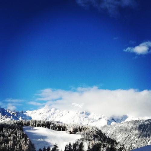 a view of a snowy mountain range with snow covered trees at Apart Alpenflair in Umhausen