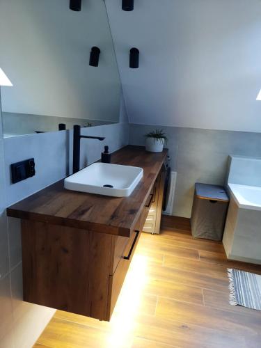 a bathroom with a white sink on a wooden counter at Uroczy apartament z dostępnym parkingiem i ogrodem in Szczytniki