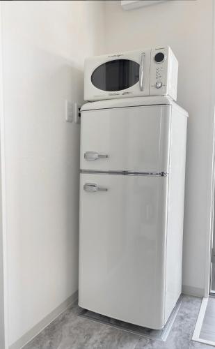 a microwave sitting on top of a refrigerator at Necoana Glamping Annovillasグランピング in Fujikawaguchiko