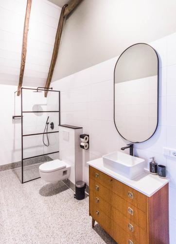 a bathroom with a sink and a mirror at Juffertje in het groen in Zwolle