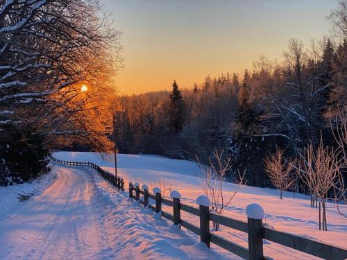 a fence on a snowy road with the sunset in the background at Mošķu Pirts meža māja in Turaida